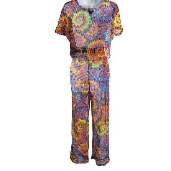 Love Crochet Knit Tie Dye Set M Rainbow Crop Top Elastic Waist Festival Cover Up - Picture 4 of 7